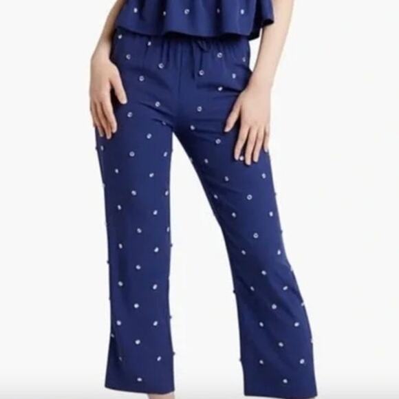 HILL HOUSE Beaded Pant Size XS Navy Blue Clear Stones Beads Elastic Tie Waist - Picture 1 of 7